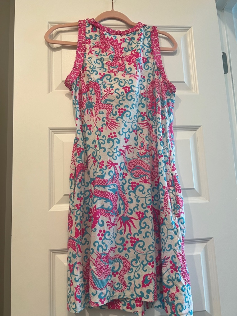 Gretchen Scott Designs Pink & Turquoise Dragon Print Mini Dress - Picture 12 of 16